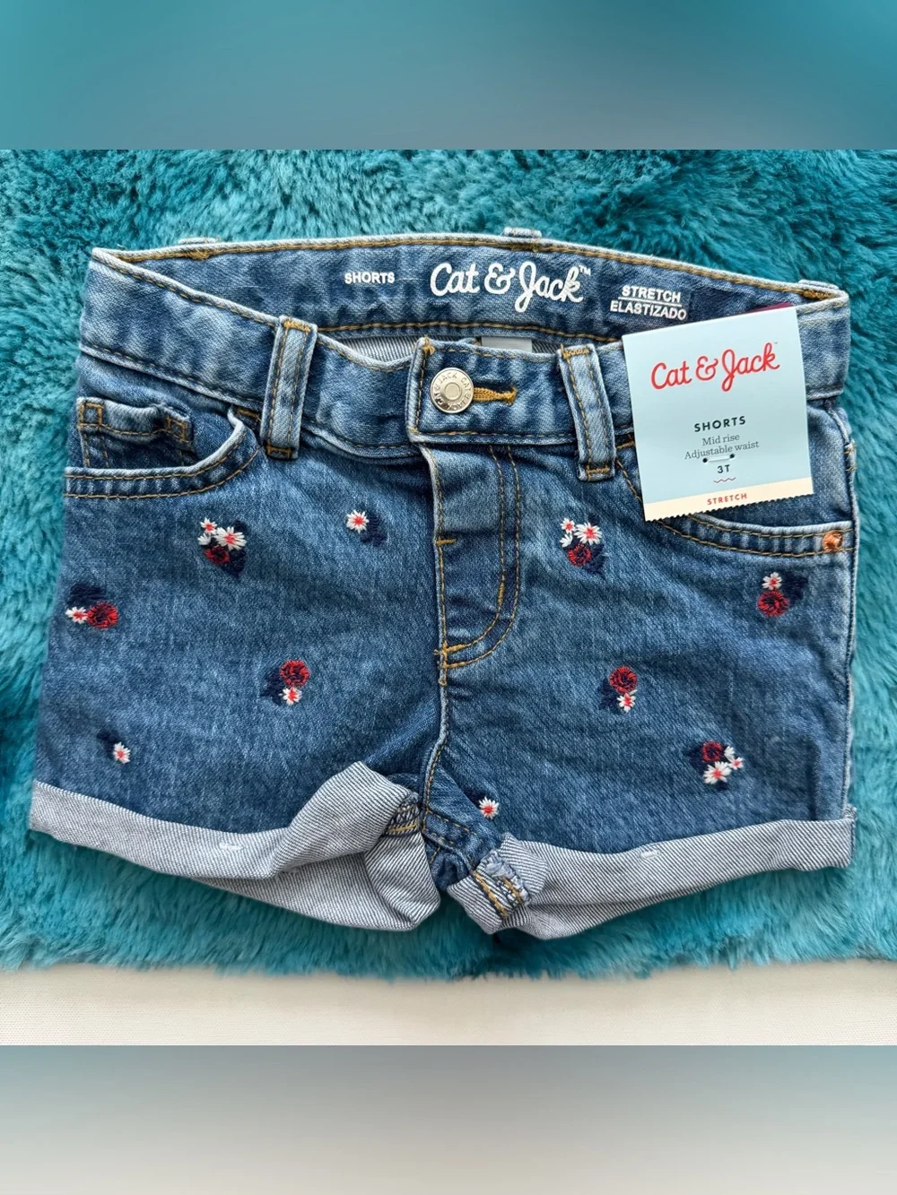Cat & Jack Denim Shorts with Red White Blue Floral Embroidery Size 3T